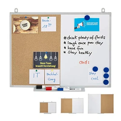 Immagine di Relaxdays Lavagna Combinata 2in1, White &amp; Cork Board, Cornice in Alluminio, Porta Pennarelli, 45 x 60, Naturale, Sughero, Bianco Marrone, 1 pz