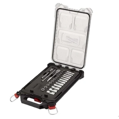 Immagine di Milwaukee Set di inserti a cricchetto e bussola, 1/4&quot;, metrico, 28 pezzi, in PACKOUT Compact Organiser Slim