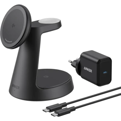 Immagine di Anker MagGo Caricatore Wireless iPhone Magnetico 15W (dock stand), Compatibile con MagSafe 3 in 1 Certificato Qi2, per serie 16, Apple Watch, AirPods Pro e altro (adattatore incluso)