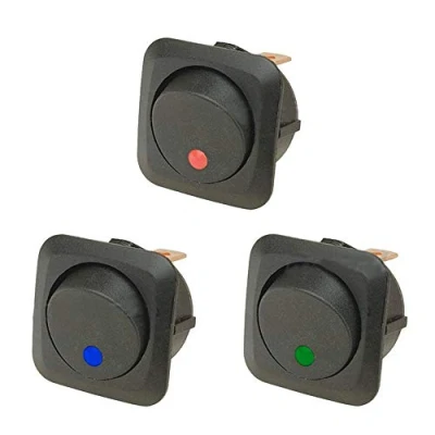 Immagine di E Support 3 X 12V 25A Interruttore Auto On Off a Bilanciere Pulsante Blu Rosso Verde Illuminato Led 25mm Cruscotto
