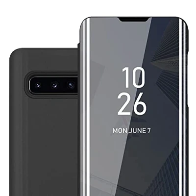 Immagine di Cadorabo Custodia Libro compatibile con Samsung Galaxy S10 PLUS in TORMALINA NERA Clear View Mirror Ultra Sottile Funzione di Supporto Protezione a 360 Gradi Stile Pieghevole