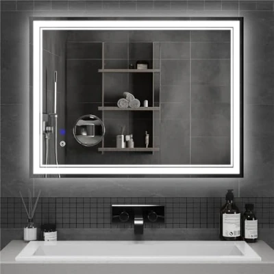 Immagine di Mondeer Specchio da bagno a LED con illuminazione, 80 x 60 cm, interruttore touch, anti appannamento e 5 lente d&#039;ingrandimento, 3 colori della luce dimmerabili, per (3000 K 6500 K)