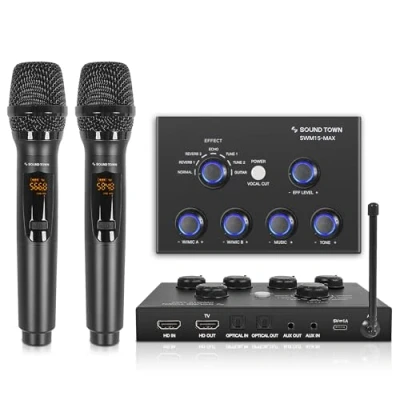 Immagine di Sound Town Microfono wireless a 16 canali con sistema mixer karaoke 2 microfoni wireless, HD ARC, ottico (Toslink), AUX, supporta Smart TV, Media Box, PC, Bluetooth, soundbar, ricevitore