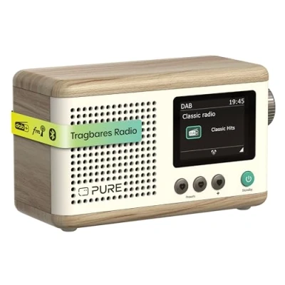 Immagine di Classic Mini Radio digitale portatile DAB+ &amp; FM Bluetooth 5,3 15 ore di durata della batteria 2 opzioni equalizzazione Display a colori da 2,4&quot; Tracolla Cotone bianco/rovere Compatta