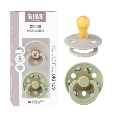 Immagine di BIBS Colour Studio Ciuccio confezione da 2 pezzi. Privo di BPA, Tettarella tonda. Lattice gomma naturale, Prodotto in Danimarca, Taglia 1 (0 6 mesi), Mushroom/Sage