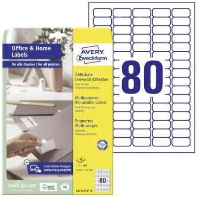 Immagine di Avery Zweckform L4732REV 10 Etichetta universale 35.6 x 16.9 mm Carta Bianco 800 pz. Staccabile Stampante a getto dinchiostro, laser, laser