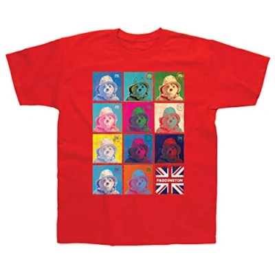 Immagine di Maglietta da bambino con licenza ufficiale Paddington Bear 100% cotone motivo classico &quot;Warhol&quot; stampato sul davanti. Disponibile in età 1 2, 3 4, 5 6, 7 8 e 9 10 anni. Rosso Anni
