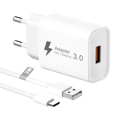 Immagine di Caricatore USB 18W con Cavo Type C 2M, Quick Charge 3.0 Presa Alimentatore Caricabatterie Spina Rapido per Samsung S23/S22/S21/S20/S10/S9,Xiaomi Redmi Note 9/8 Mi 9
