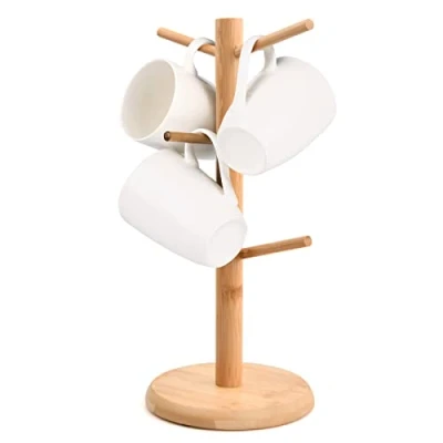 Immagine di Albero Porta Tazze in Legno, Caffe, da Appoggio, Supporto per Della Tazza, Portabicchieri con 6 Ganci e Base Ponderata Tazza Caffè, Tè, Controsoffitto (Girare)
