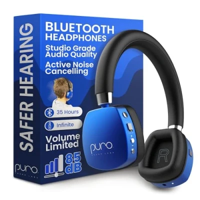 Immagine di Puro Sound Labs PuroQuiet Plus Volume Limited, cuffie Bluetooth con cancellazione attiva del rumore, per bambini, microfono integrato, suono più sicuro, qualità da studio (blu)