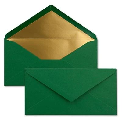 Immagine di 50x Buste formato lunghe Colore: verde scuro con rivestimento interno metallizzato oro 110 x 220 mm Colla a umido festive per Natale