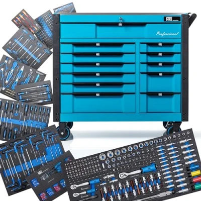 Immagine di NTG carrello portautensili XXL + attrezzi 12 cassetti 457 pezzi chiudibile di cui 10 con inserti morbidi in effetto carbonio riempiti officina cassetta