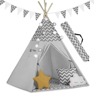 Immagine di Ricokids Tipi Tenda per bambini in cotone Giocattoli interni ed esterni Finestra due cuscini Tappetino isolante Lampada LED indiana legno di pioppo, 120 x 165 cm, grigio