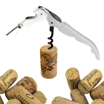 Immagine di Cavatappi Professionali Apribottiglie Vino da Sommelier, Tagliacapsule, Cava Tappi Cameriere Apri Bottiglia Taglia Capsule Doppia Leva in Acciaio Inox e Coltello Seghettato (BIANCO)