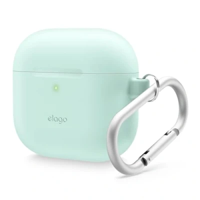 Immagine di elago Custodia in Silicone Compatibile con la AirPods di 4 Moschettone Incluso, Supporta Ricarica Wireless, Protezione Completa (Menta)