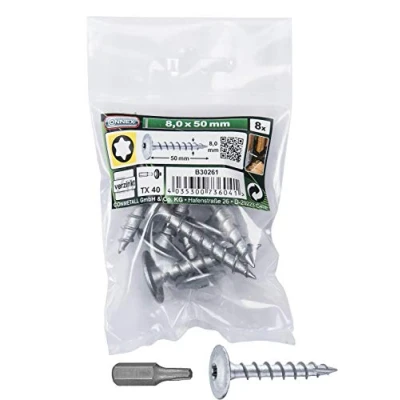 Immagine di Connex viti per palo, 8,0 x 50 mm, 8 pezzi, attacco TX Torx, filettatura completa, il fissaggio di raccordi e connettori, con punta/vite collegamento palo/set / B30261