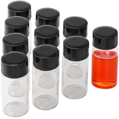 Immagine di LCOUACEO 30 Pezzi Bottiglie di Vetro Trasparente 20 ml, Fiale Vetro, Piccola Bottiglia per Campioni con Tappo Nero a Vite in Plastica Contenitore da Laboratorio