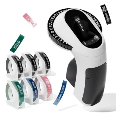 Immagine di Goknu Etichettatrice a Rilievo, 3D Etichette Adesive Nero, Stampante Portatile E975, Macchina da Scrivere Omega con 6 Nastro design ergonomico rotella scatto per uso domestico
