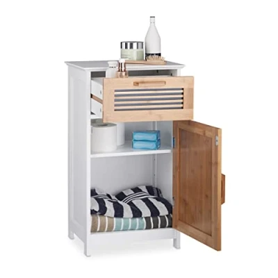 Immagine di relaxdays, Bianco Mobile Bagno Legno Sottile, Design Naturale, Ripiano Regolabile, MDF &amp; Bambù, HLP 70x40x28,5 cm, Fibra, 70 x 40 28,5 cm