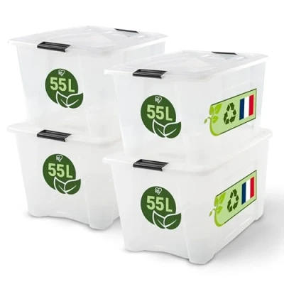Immagine di Iris Ohyama, Scatola di Raccoglimento in Plastica con Coperchio, 55L, Lotto 4, Trasparente, Clip Chiusura, Maniglia, Impilabile, Organizzazione Solida e Durevole, per Camera, Ufficio, BSB 55