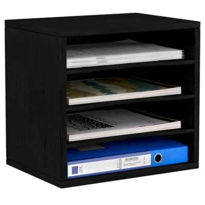 Immagine di EasyPAG Scrivania in legno a 4 ripiani, formato A4, per ufficio, organizer documenti, riviste, archiviazione, colore: nero