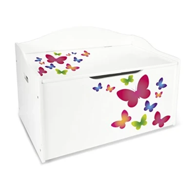 Immagine di Leomark contenitore porta giochi XL 68cm x 42cm 46cm (A), scatola portagiochi per bambini, panca e stoccaggio, mobili camera dei bambini scuola materna, in legno, cassapanca Farfalle