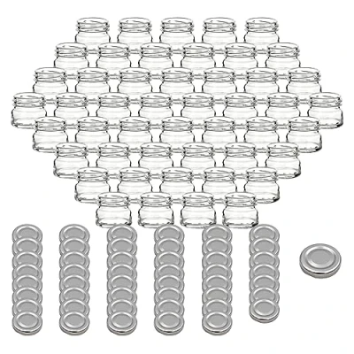 Immagine di gouveo Set di 48 vasetti per conserve 30 ml Mini con coperchio a vite Argento conservazione tappo TO43 Barattoli rotondi conserve, marmellate, spezie (EGR030S)