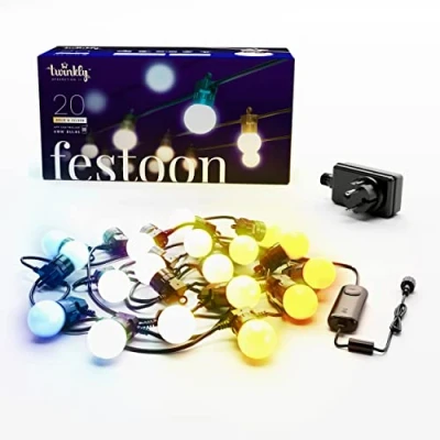 Immagine di Twinkly Festoon 20 LED Bianchi, Catena Luminosa con Lampadine LED, Luci Esterno e Interno da Bianco Caldo a Freddo, Compatibile Alexa, Google Home, IP44, Controllata App, Cavo Nero, 10m
