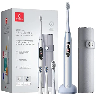 Immagine di Oclean X Pro Digital spazzolino elettrico, 3 Modalità, 4 Testine e custodia da viaggio, con Schermo a colori, Durata della batteria di 30 giorni, Timer app, Argento