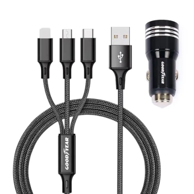 Immagine di Goodyear Caricatore 3 in 1 Lightning/Micro USB/USB C, Presa Accendisigari con Doppia USB, Cavo 120cm, per Auto
