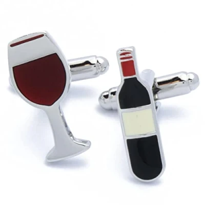 Immagine di Gemelli Bottiglia di vino e bicchiere argento rosso Asimmetrico 23mm x 10mm Bevi Gemelli, da bere