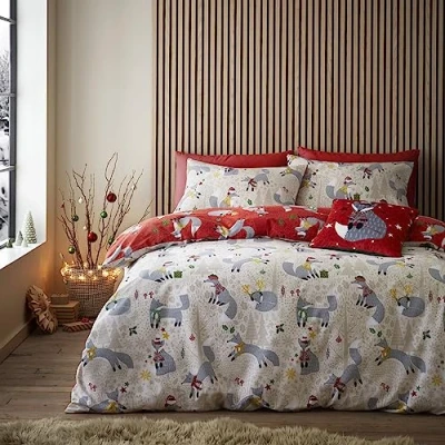 Immagine di Fusion Christmas Foraging Fox Set copripiumino reversibile matrimoniale in rosso