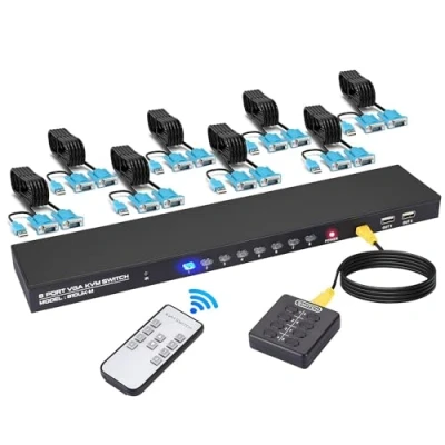 Immagine di switch VGA KVM 8 porte, USB per computer condividono 1 monitor 3 dispositivi tastiera mouse scanner stampante, inclusi cavi e controllo desktop