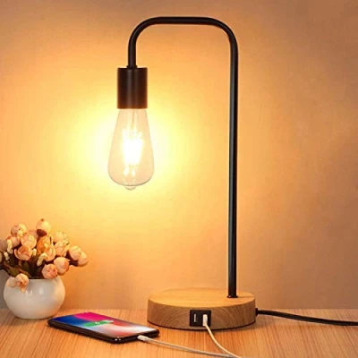 Immagine di QJUZO Lampada Da Comodino Con Doppia Porta Di Ricarica USB, Scrivania LED Touch 3 Livelli Luminosità Dimmerabile Tavolo Legno E Metallo Per Lettura, Ufficio, Camera Letto