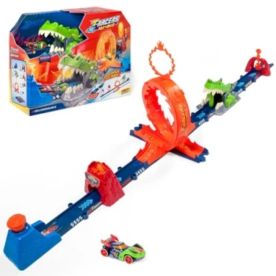 Immagine di T Racers Mix &#039;N Race Volcanosaurus Traccia per Auto Giocattolo, Contiene 1 Trigger, 3 Tracce, Esclusiva Pyrosaurus, 4 Acrobazie