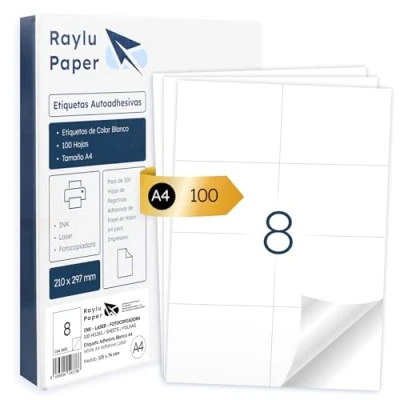 Immagine di RAYLU PAPER etichette autoadesive bianche da stampare, adesivi in carta su fogli A4 per stampante inkjet, laser e fotocopiatrici, 8 foglio (105 x 74 mm)