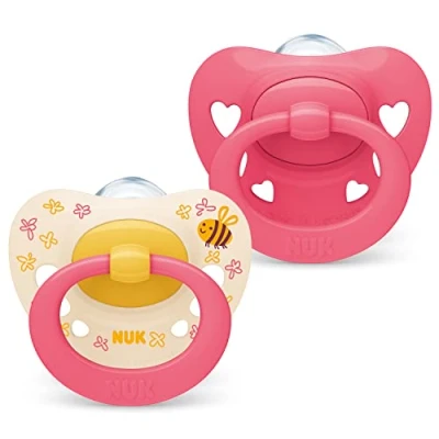Immagine di NUK Signature ciuccio 18 36 mesi Calma il 95% dei bambini Succhietti a forma di cuore in silicone senza BPA Custodia compresa Cuori rosa 2 pezzi