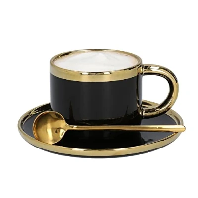 Immagine di HOMLA Sinnes Tazza da Caffè in Porcellana con Piattino e Cucchiaio Tè Servizio Acciaio Inossidabile Vintage 200 ml Nero