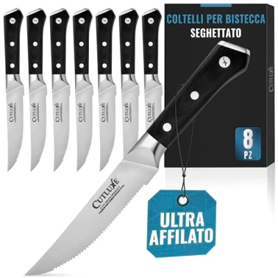 Immagine di Cutluxe Set Coltelli da Tavola Bistecca Seghettati, 8 Pezzi Carne in Acciaio Tedesco al Carbonio, Lama Intera, Manico Ergonomico Serie Artigianale