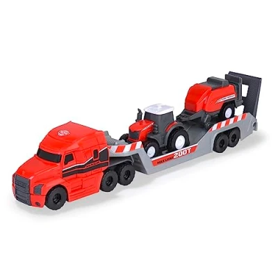 Immagine di Dickie Toys Massey Ferguson Set di 3 auto giocattolo (camion con semirimorchio, trattore e pressa) per bambini dai anni, 32 cm