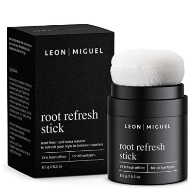 Immagine di Shampoo secco LEON MIGUEL in formato tascabile, contrasta i capelli grassi Polvere volumizzante per maggiore freschezza e volume vegano con effetto fresh 24 ore Root Refresh Stick