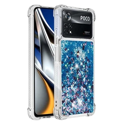 Immagine di KBIKO zxl Compatibili con Cover per Xiaomi Poco X4 Pro 5G, Custodia in Liquido Quicksand Brillantini, Trasparente Silicone Morbido TPU Antiurto Case 5G.Blue YBL