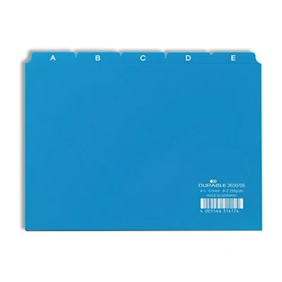 Immagine di Durable 365006 Divisore alfabetico per schedario, f.to A5, con etichette prestampate (A Z), azzurro, confezione da 25 pezzi