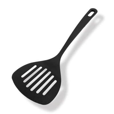 Immagine di Fackelmann Paletta forata larga antiaderente in Nylon ad alto spessore, materiale con rivestimento antiaderente, resistente fino a 200, dimensioni 31 x 11,8 cm, Linea Nero