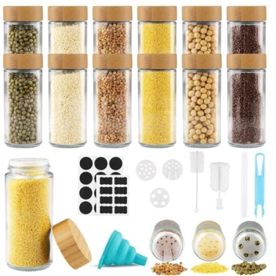 Immagine di Vexillic Barattoli Spezie, 12pcs Contenitori Spezie 120ml Porta con Coperchi in Bambù Vasetti Vetro Setaccio Etichette Spazzola Lmbuto (Circolare)