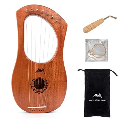Immagine di Lyre harp,AKLOT lira arpa 7 corde in metallo mogano con chiave di accordatura e custodia nera