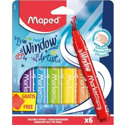 Immagine di Maped Marker&#039;Peps pennarelli per finestre, punta larga 5 mm e inchiostro cancellabile ad acqua, 6 assortiti con superfici vetrate + 1 panno in microfibra, 20 x cm