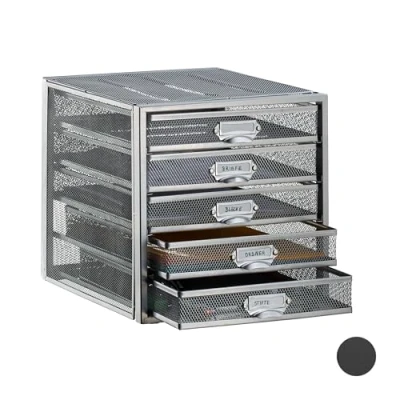 Immagine di Relaxdays Cassettiera da Scrivania, 5 Cassetti, Formato DIN A4, Porta Documenti, Box per Lettere e Corrispondenza, Argento, HxLxP: 29 x 27,5 35,5 cm