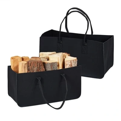 Immagine di Relaxdays Portalegna da Interno in Feltro, Set 2, Cesta con 28 L di Volume, Borsa per Legna Manici, Nero, 25 x 50 cm