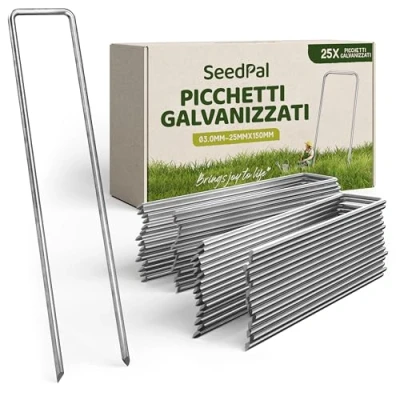 Immagine di SeedPal Picchetti in Acciaio Zincato (25 Pezzi) per Telo di Pacciamatura, Recinzione e Camping 150mm Lunghezza, 25mm Larghezza, Ø 3mm